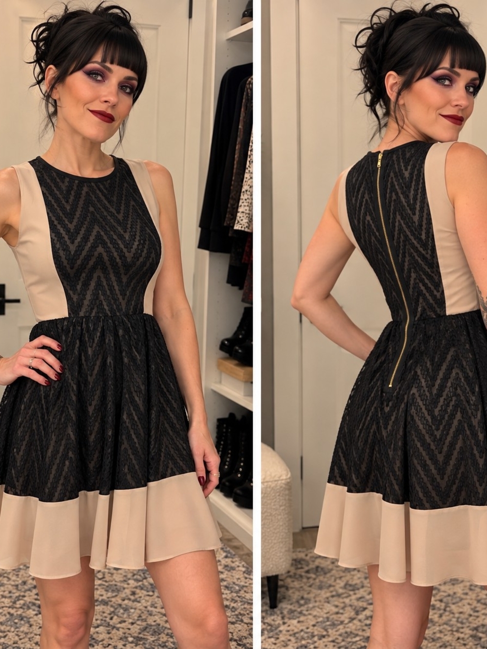 RACHEL Rachel Roy Black & Beige Fit-and-Flare Cocktail Dress